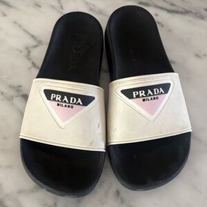 Prada White Slide Sandals with Black Footbed and Pink Logo